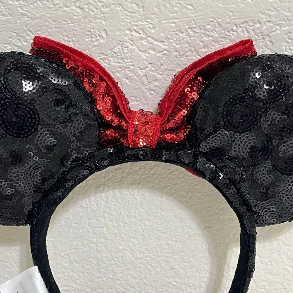 Disney Parks Minnie Mouse Ears Red Bow Black Sequin Headband